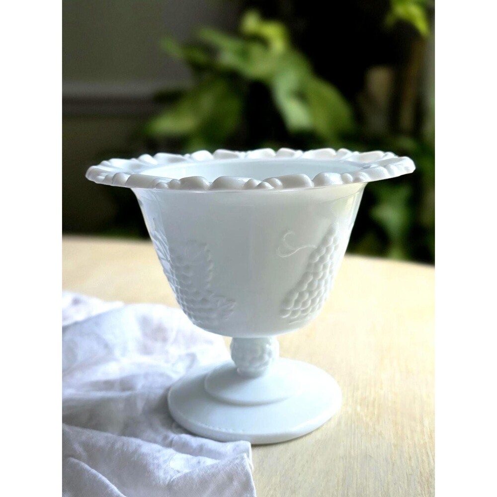 Vintage Milk Glass Compote Candy Bowl: Grape Design, Scalloped Edge